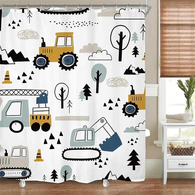 Cartoon Engineering Car Shower Curtains Ocean Animals Fish Cosmos Starry Sky Polyester Fabric Kids Bathroom Decor Set With Hooks