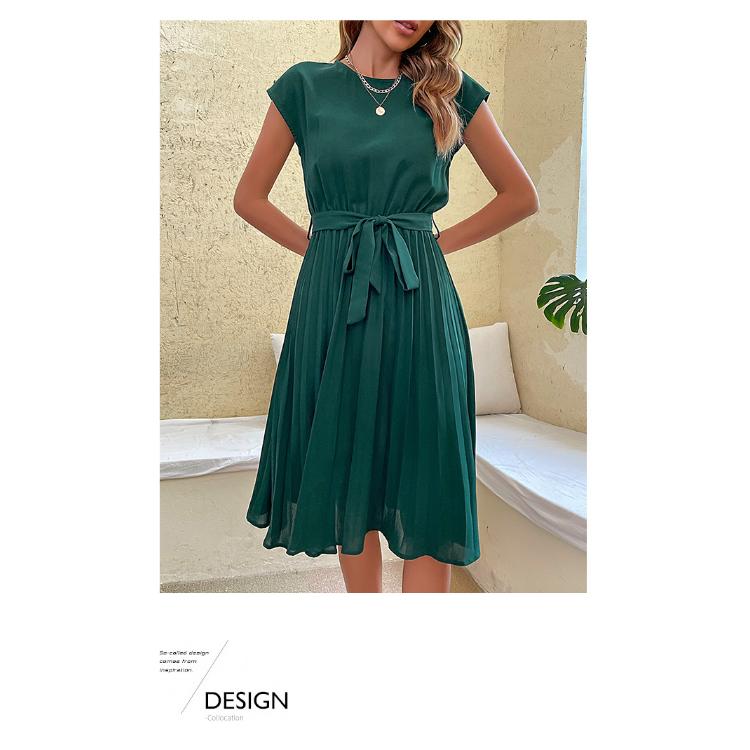 Sommer-Damenkleid, Urlaub, Damen-Krawatte, einfarbig, plissiert, mittellanger Rock