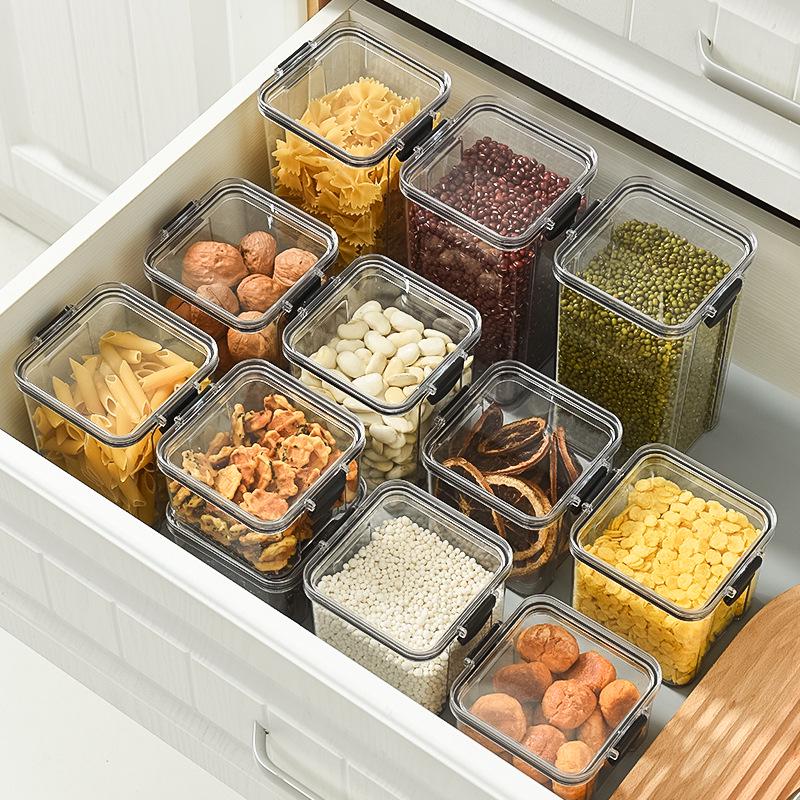 Transparent Airtight Food Grade Storage Jar: Moisture-Proof, Square/Rectangular Kitchen Container for Grains and Chinese Medicine