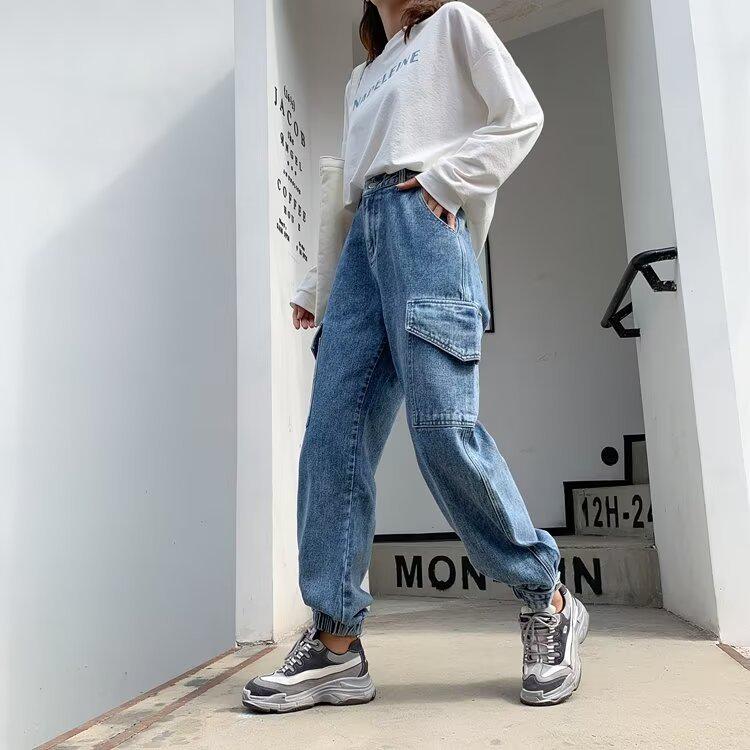 

Женские джинсы-морковки свободного кроя с высокой посадкой и эластичной талией, 2025 S светло-синий