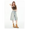 American Retro Cargo Denim Pants Women Fashion Casual Wide Leg Capri Jeans Summer Simple All Match Baggy Jeans