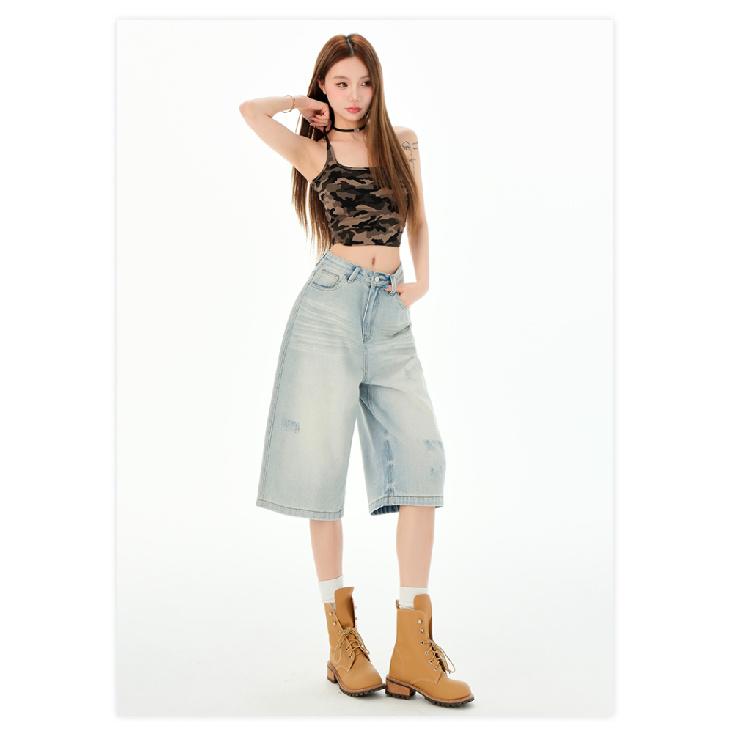 American Retro Cargo Denim Pants Women Fashion Casual Wide Leg Capri Jeans Summer Simple All Match Baggy Jeans