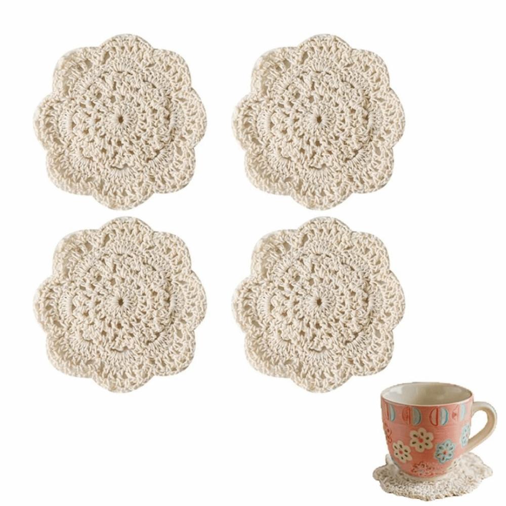 2/4Pcs Knitted Texture Lace Floral Coasters Vintage Round Woven Placemats  Coffee Table