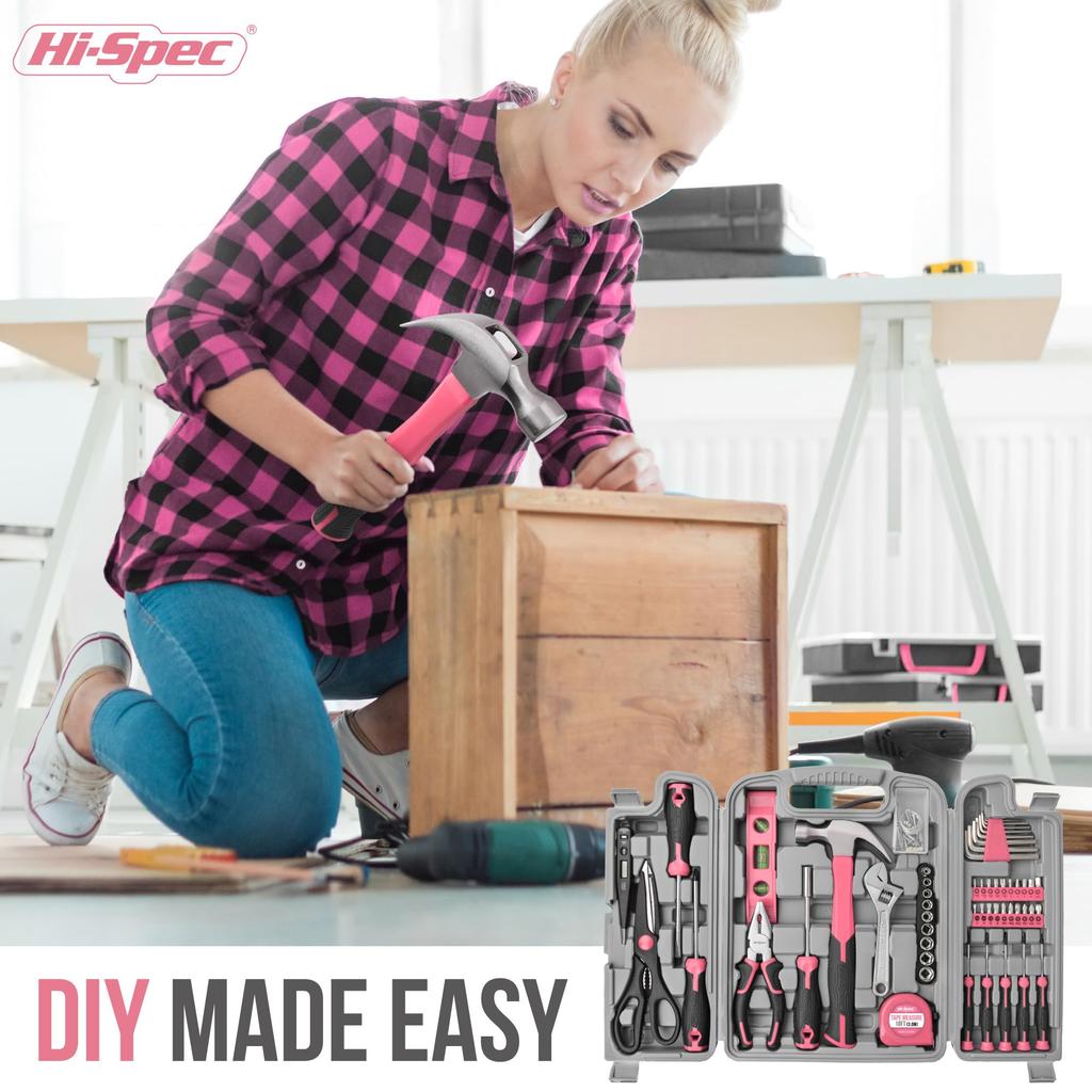 56pc Pink Home Garage Tool Kit Essential Hand Tools for DIY Repairs Complete In a Box Hi-Spec & Set.