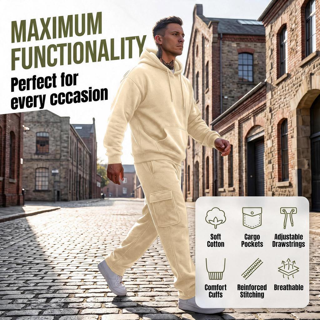 Men's 2-Piece Outfit Set, Hooded Sweatshirt and Cargo Straight Leg Pants, Casual Streetwear