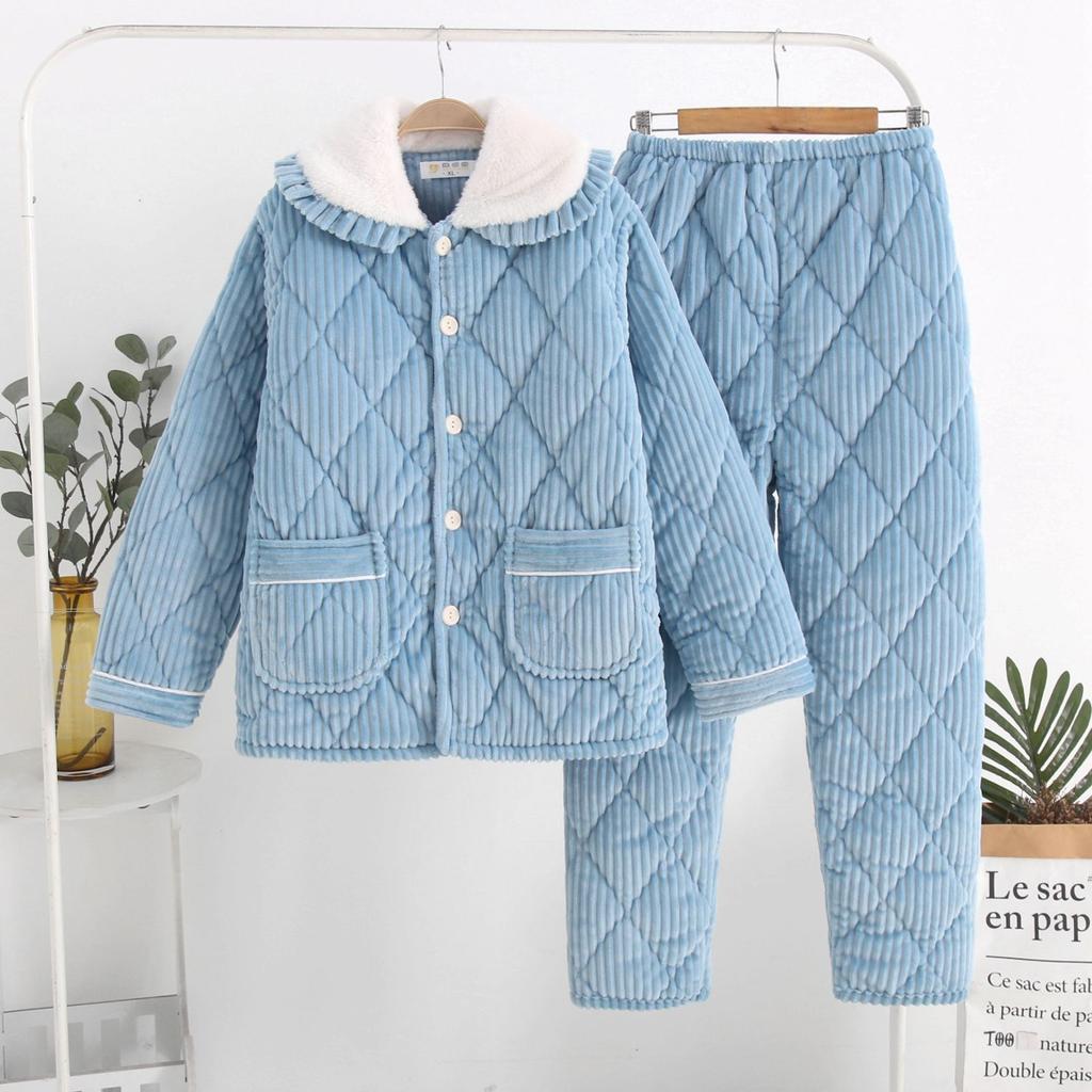 Coral Velvet Three-layer Quilted Jacket Pajamas Women's Autumn and Winter Thickened with Velvet Warm Winter Flannel Home Wear
