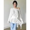 Sexy Thin See Through Long Sleeve Oversize T Shirt Women Bandage Off Shoulder Female Basic Long Tees Korean Chic Lady