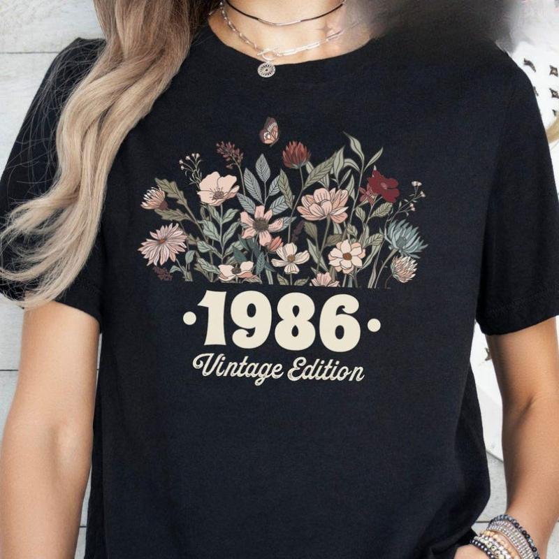 40th Birthday Shirt Flower 1986 Birth Year Number For Wounisex Graphic Tshirt Turning 40 Plus Gift Crewneck Shortsleev Tops