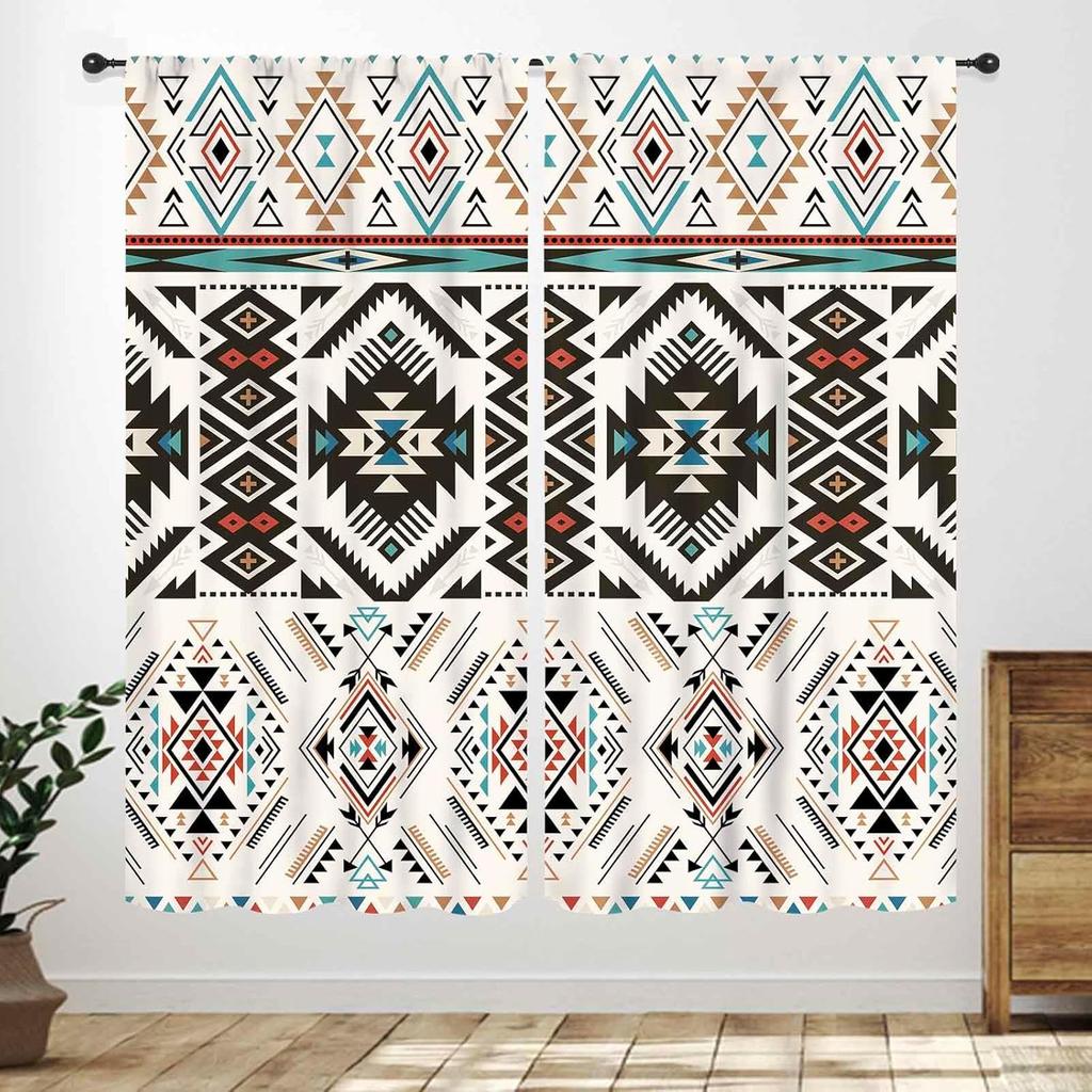 Western Cow Skull Curta,Beige Southwestern Bohemian Geometric Pattern Native Aztec Longhorn Head Cowboy Farmhouse Country