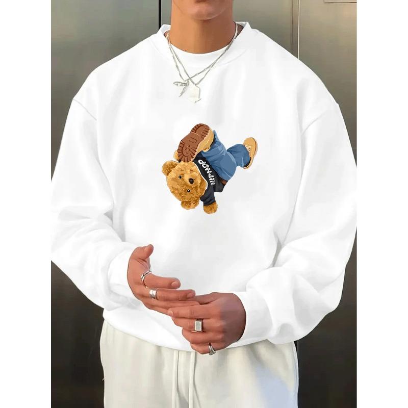 Men'S Sweatshirt With Bear Print, Crew Neck, Comfortable Breathable, Versatile For Daily Wear, Travel, Street, Home, Jogging.
