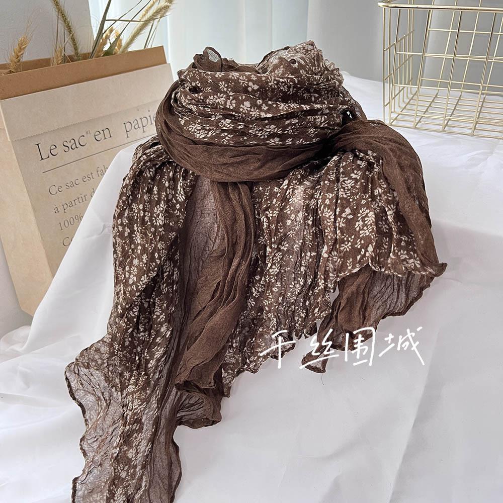 Autumn And Winter  Retro Literary Cotton And Linen Pleated Thin Versatile Shawl Small Floral Scarf Yarn Japanese