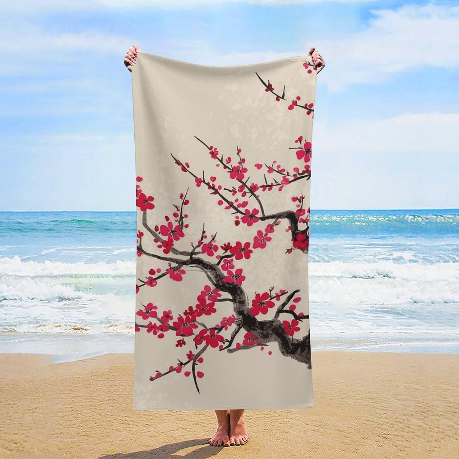 

Artistic Floral Cherry Blossom Beach Towel, Pink Sakura Pattern Quick Dry Absorbent, Large Sand Free Travel Pool Essentials W30*H60(CM)
