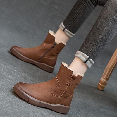 Leather Women's Boots Winter Warm Fur Integrated Thickened Snow Boots Thick Soled Low Boots Women Versatile Wool Women's Shoes