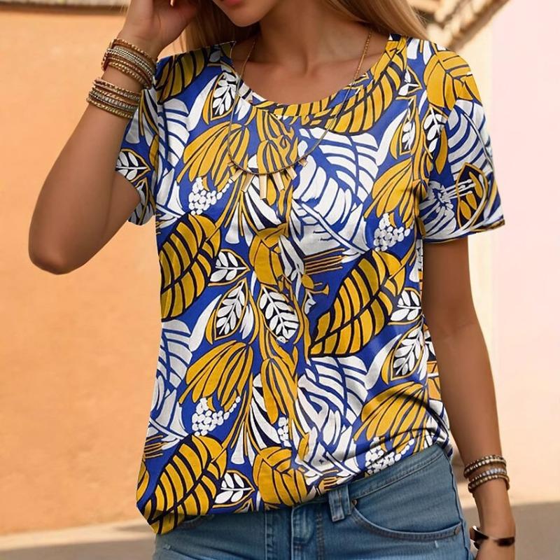 Women's Summer Simple Round Neck Women's Short Sleeved Shirt Casual Loose 3D Flower Print Shirt