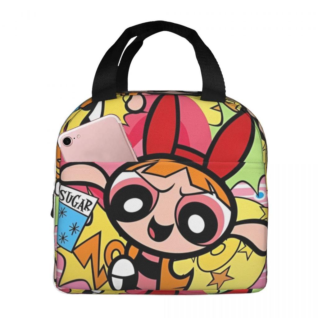 P-PowerPuffs GIRLS Insulated Lunch Bag Cartoon Anime Storage Food Box Portable Thermal Cooler Bento Box For Picnic
