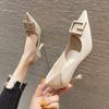 7-1 single shoes for women in autumn and winter, step on the heel square buckle pointed thin heel soft leather high heels 7.55.5 CM thick heel