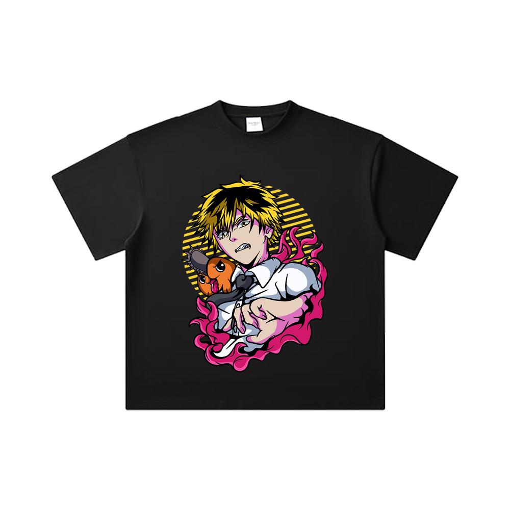 260 GSM Double Yarn 32 Count 100% Cotton Chainsaw Man V4 Denji Pochita Print Unisex Heavy Cotton T Shirt
