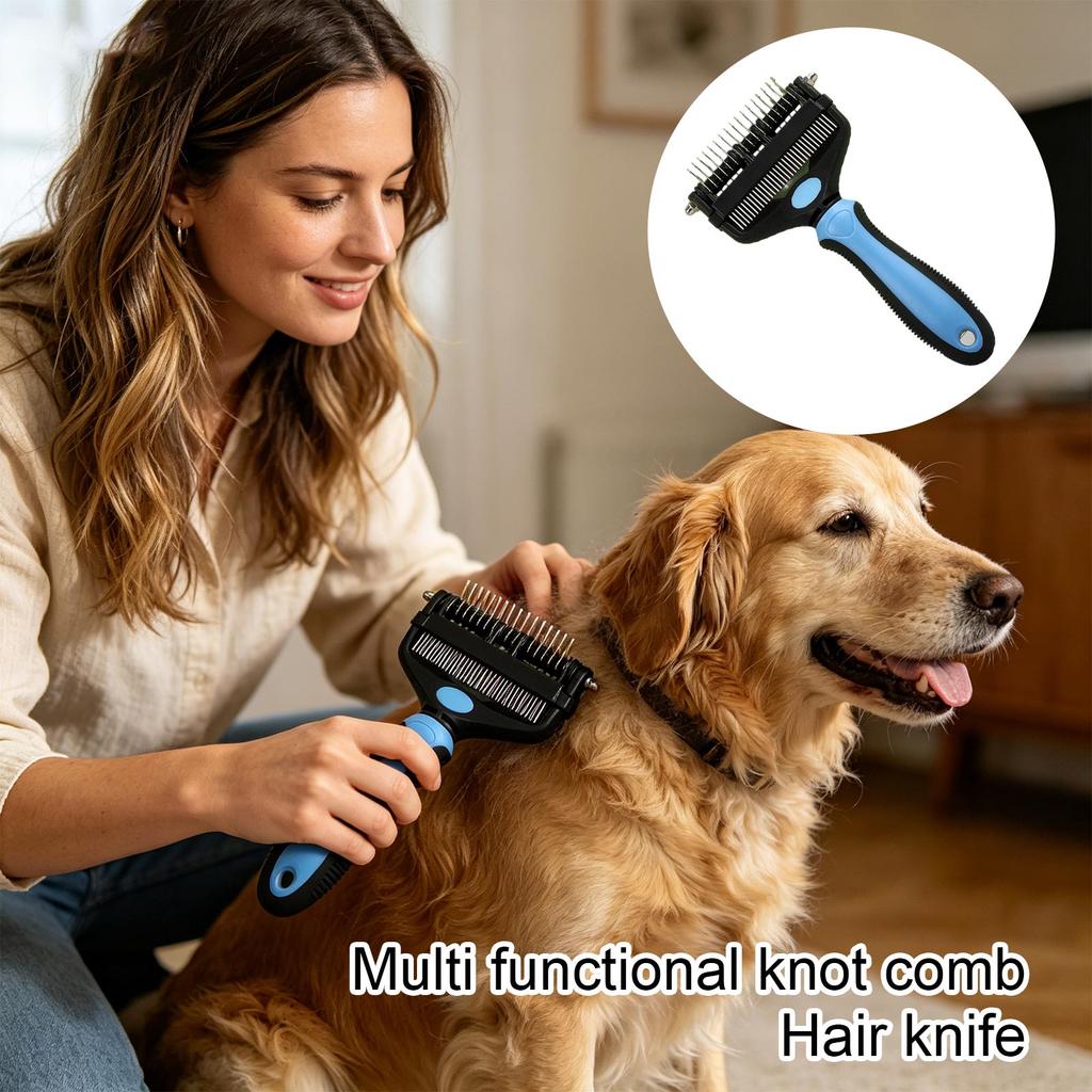 Pet Grooming Dematting Comb with Stainless Steel Blades and Ergonomic Handle for Removing Mats and Tangles from Fur and Coat