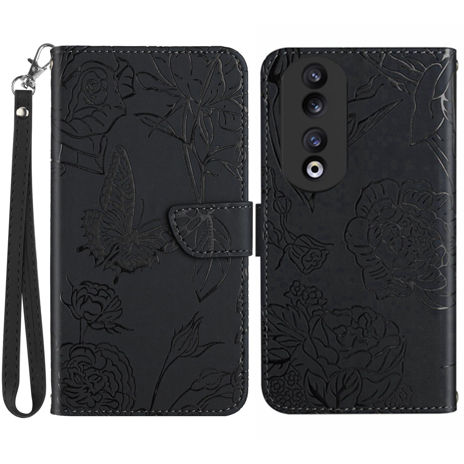 

HT03 Stand Wallet Leather Case for Honor 90,Imprinted Butterfly Flowers Phone Cover with Hand Strap Black