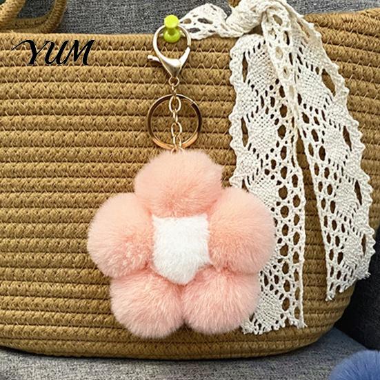 Aesthetic Handbag Pendant Plush Flower Keychain for Handbags, Five-petal Bag Charm, Women Fluffy Backpack Hanging Accessory Metal Key Chain
