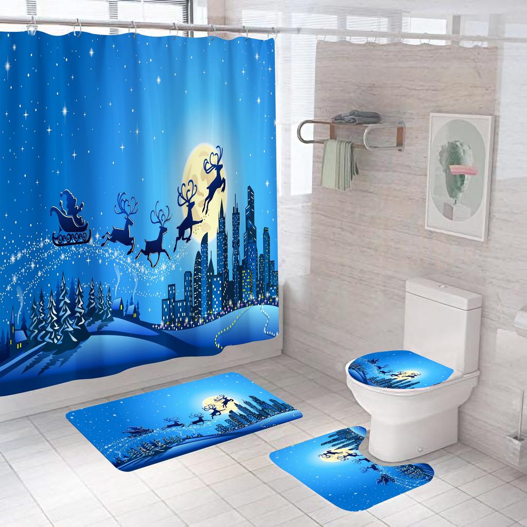 4Pcs Luxury  Christmas Elk Shower Curtain Sets for Bathroom Non-Slip Bathroom Rugs Lid Toilet Cover Bath Mat