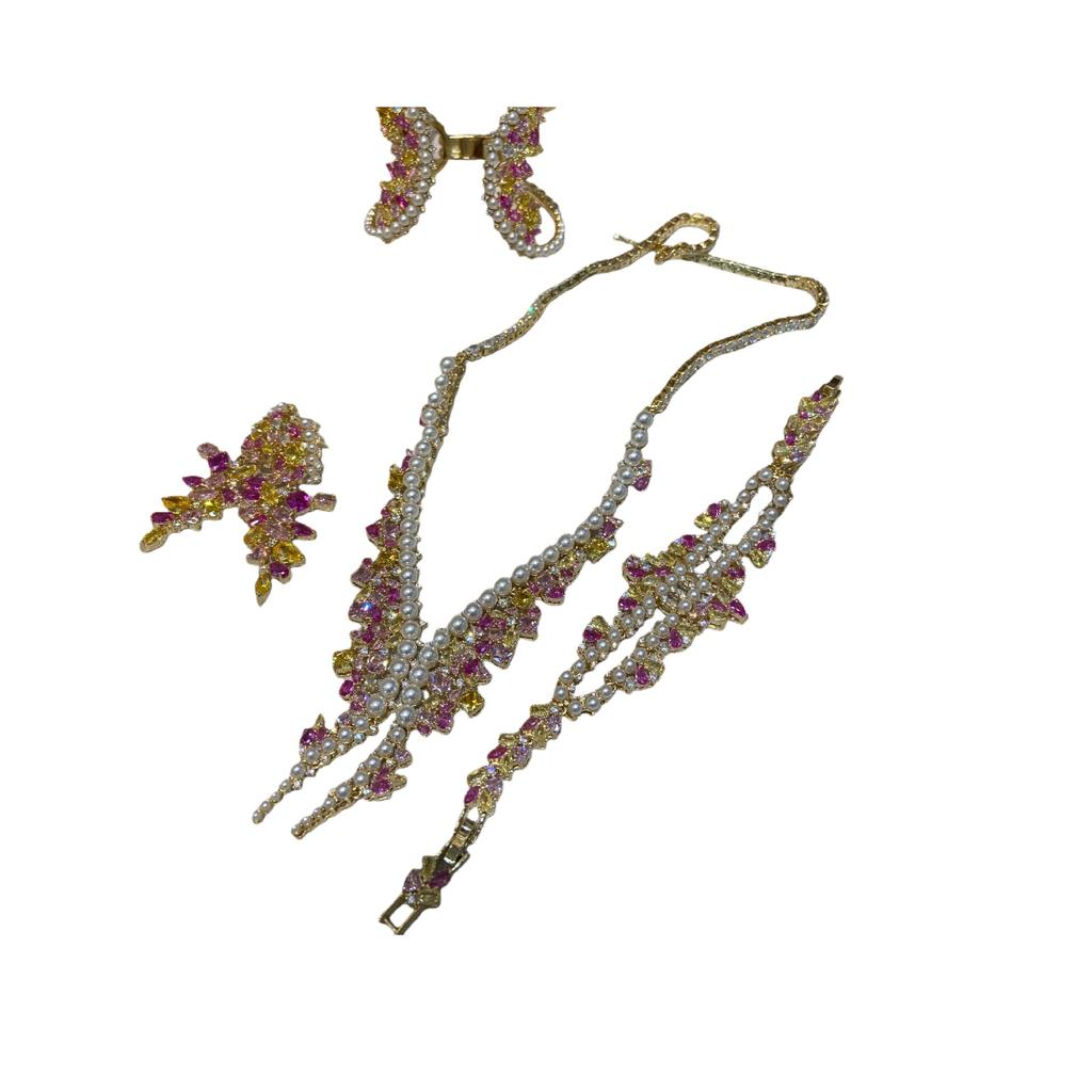 Guochao Heavy Industries Zirconium Jewelry Set, Vintage Vintage Elegant Antique Dress Necklace Bracelet Earrings