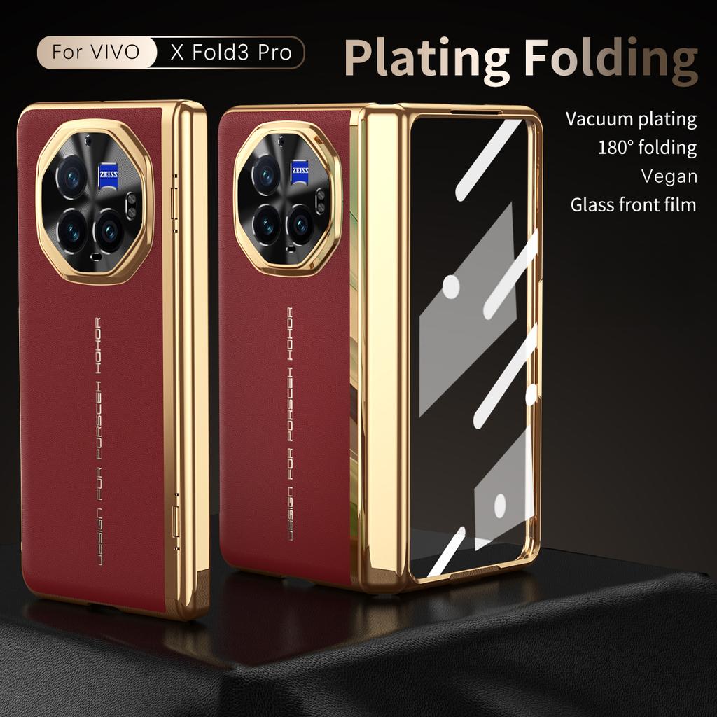 Etui dla vivo X Fold3 Pro PU Skóra+PC Elektroplaterowany Pokrowiec na Telefon z Folią Ochronną ze Szkła Hartowanego