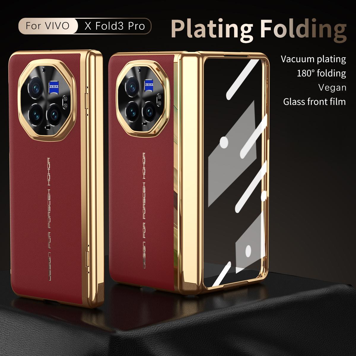 

For vivo X Fold3 Pro Case PU Leather+PC Electroplating Phone Cover with Tempered Glass Screen Film Red