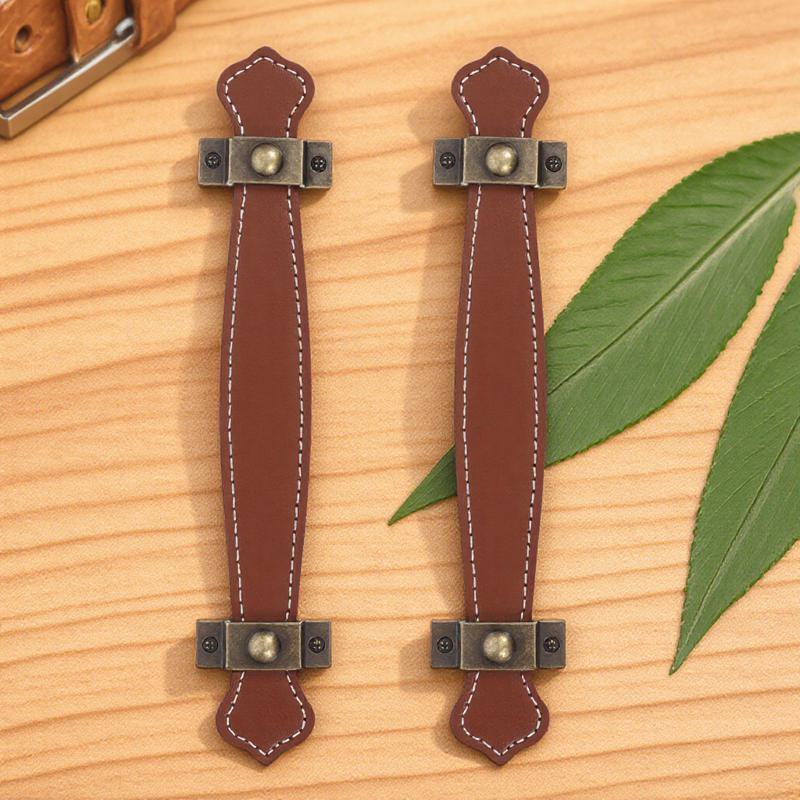 2Pcs PU Handle Light Brown Vintage Style Drawer Cabinet Door Pulls Furniture Knobs for Kitchen Furniture Use
