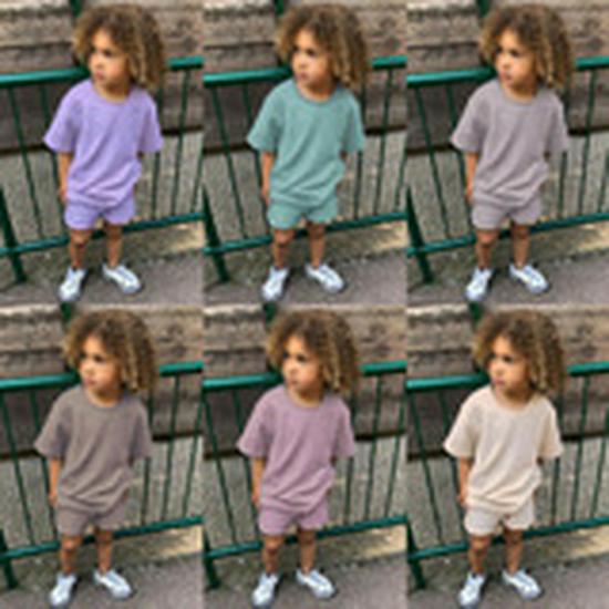 2025 Summer Children's Solid Color Short-Sleeved Cotton and Linen Two-Piece Set