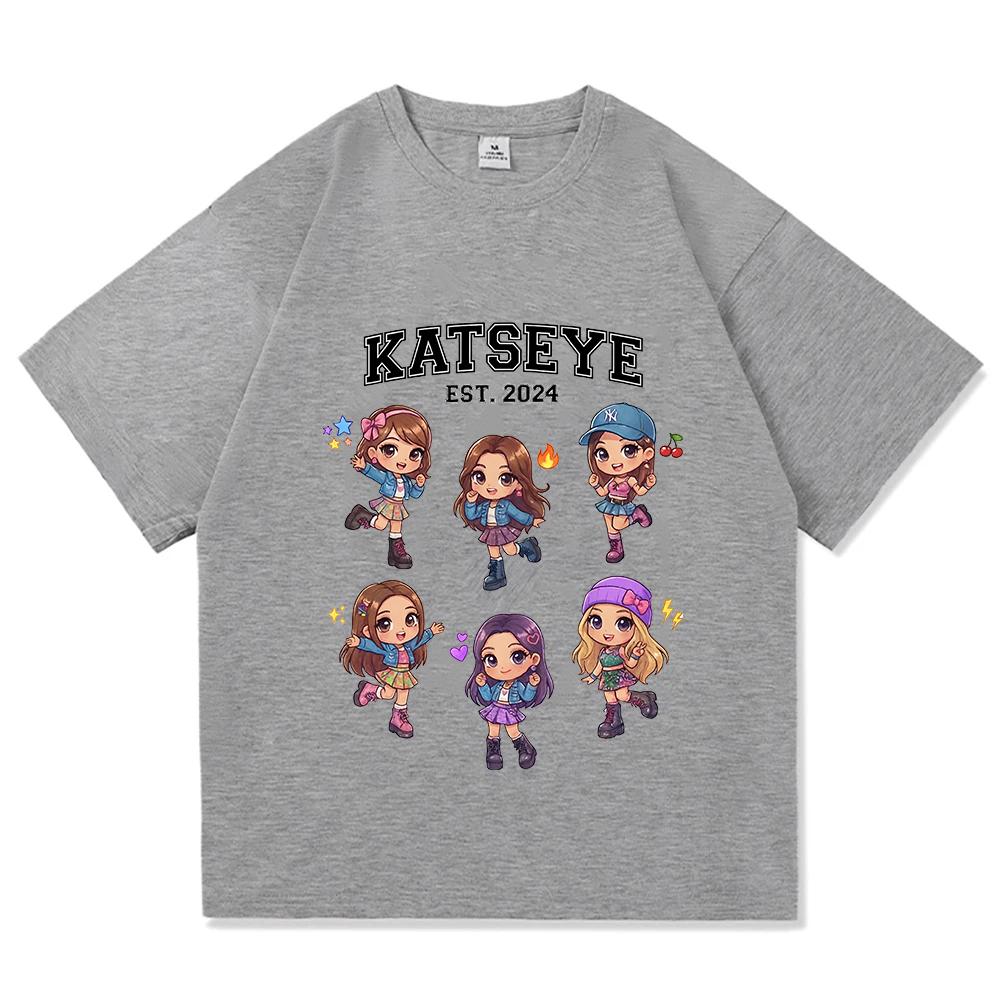 Korean Girls Band KATSEYE Print T-shirt Cotton Short Sleeve Loose Female Tshirts Unisex Streetwear Casual Women Men T Shirt Tees