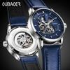 OUBAOER Skeleton Mechanical Watch: Waterproof, Genuine Leather, Large Dial, Trendy Wristwatch.