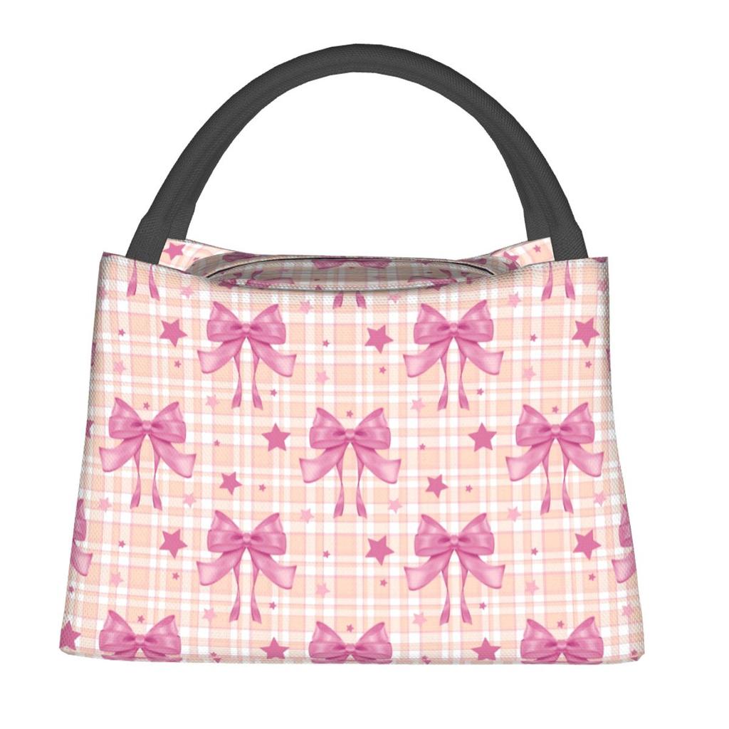 Pink Plaid, Bows And Stars Insulated Lunch Bag for Women Children Portable Food Boxes Thermal Lunch Box Tote