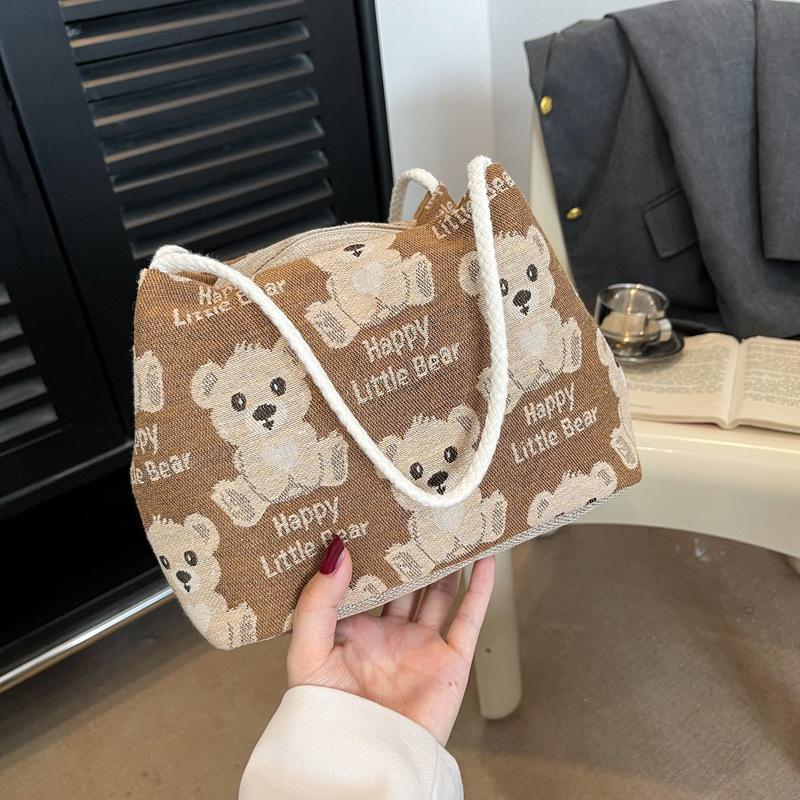 Новая холщовая сумка с мишкой двусторонний рисунок большая сумка-тоут женская новая для покупок большая вместимость молния светло-коричневого