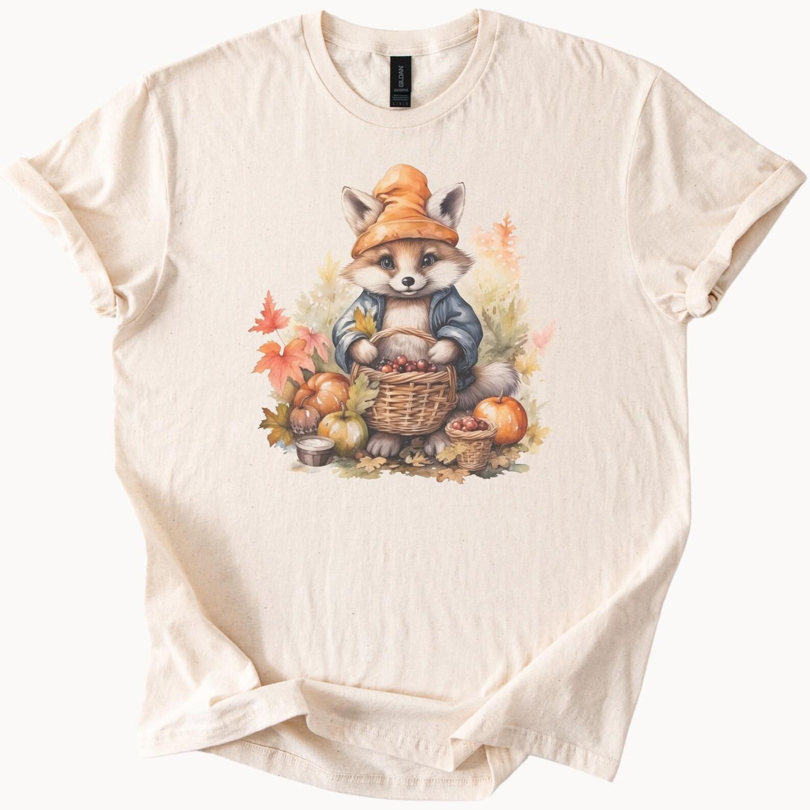 Fall Fox Graphic Shirt Autumn Pumpkin Leaves Woodland Animal Shirt Cozy Cute Forest Fox with Basket of Berries Thanksgiving Tee 130