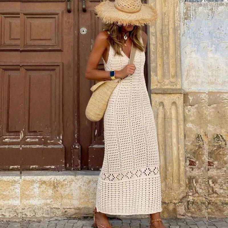 Women's Scoop Neck Sleeveless Crochet Maxi Dress Bodycon High Waist Casual Beach Cover Up