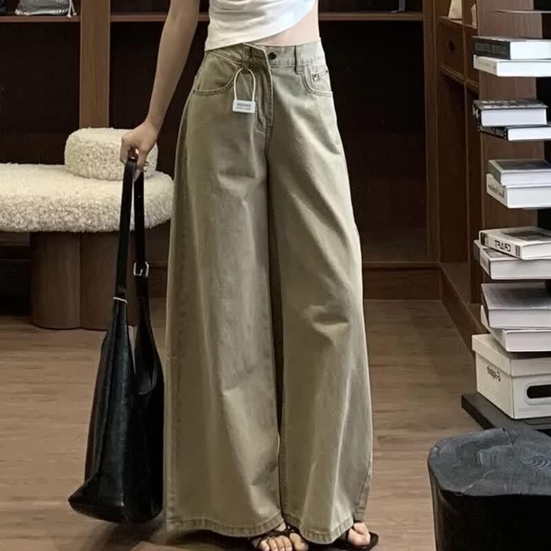 Women s Khaki Washed Wide-Leg Denim Jeans S