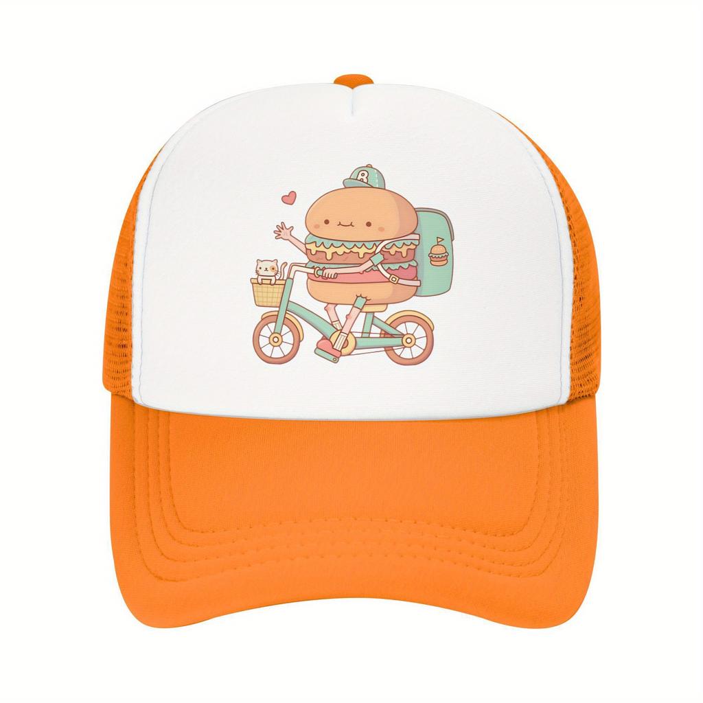 Burger Delivery Biker Trucker Hat Funny Food Print Mesh Back Adjustable Cap for Unisex Casual Outdoor