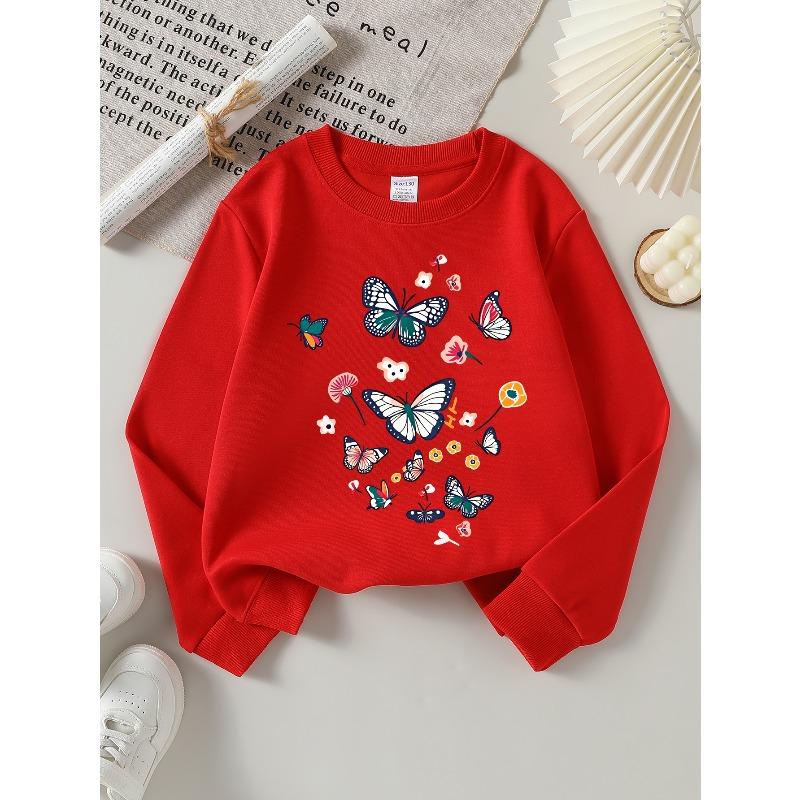 European sizes Girls Soft Crewneck Sweatshirt Colorful Butterfly & Floral Print Pattern, Casual All-Match, Ideal Holiday Present