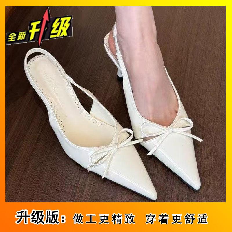 2025 spring and summer French pointed head bow temperament fashion light mouth empty bag head medium heel high heels women's sandals