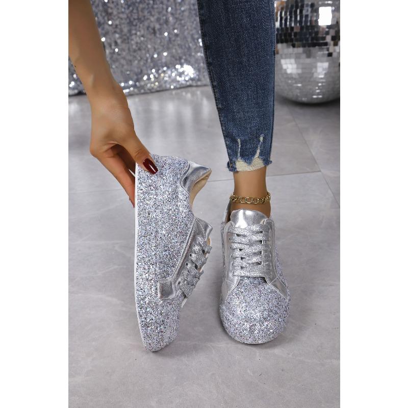 2025 Spring New Arrival Plus Size Lace-Up Women's Shoes Sequin-Embellished Round-Toe Casual Flats