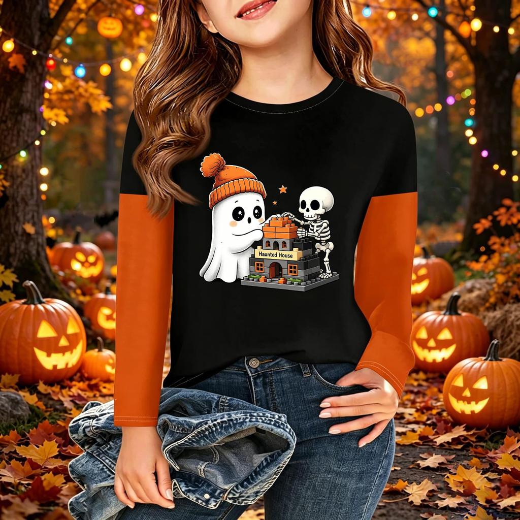 Children's Halloween Printed Long Sleeve Round Neck Casual Base Layer Shirt for Boys and Girls