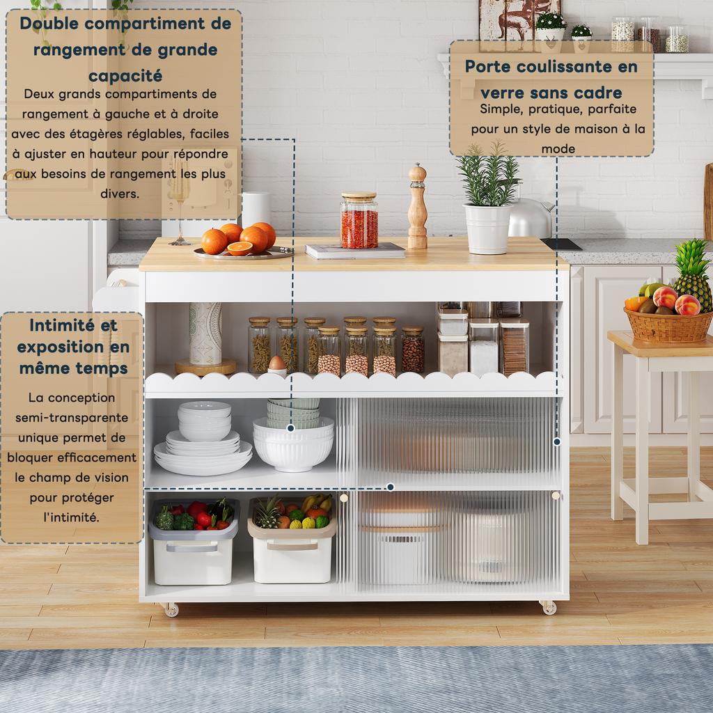 122 x 46(69) x 91cm, Carrello Isola Cucina Pieghevole, Piano di Lavoro in Impiallacciatura di Quercia, Ante Scorrevoli in Vetro Temperato, Ripiani Regolabili, Portasciugamani