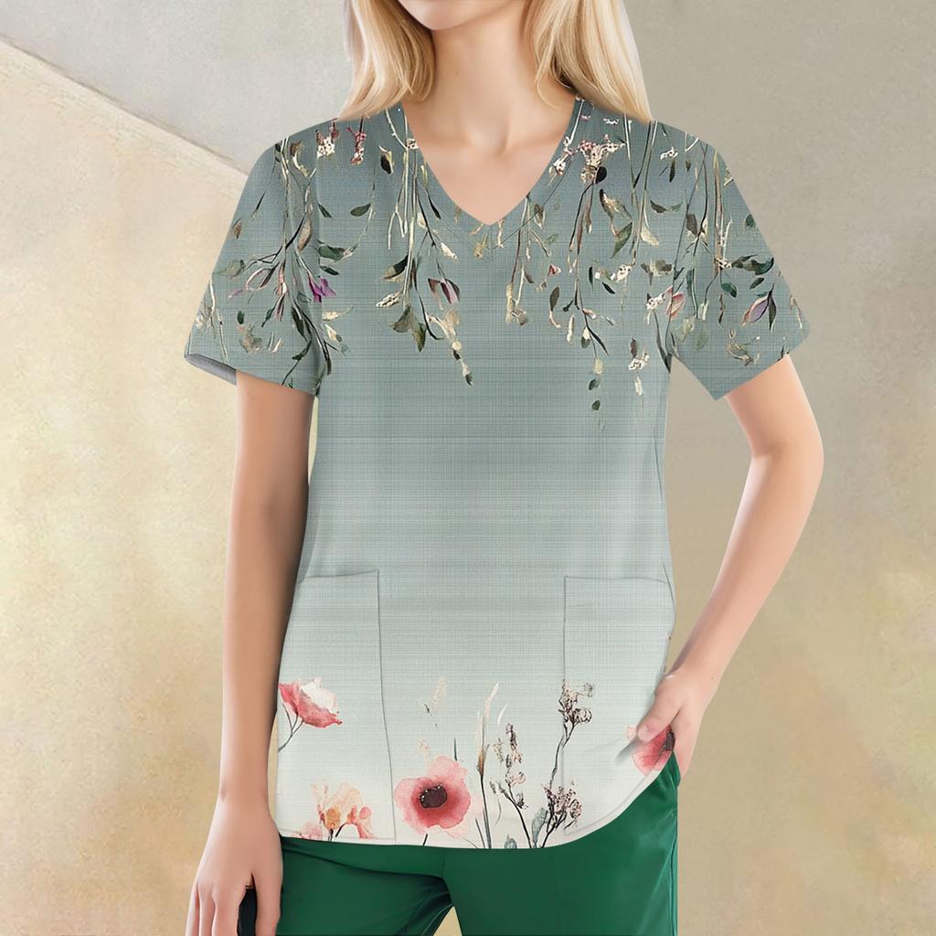 Women's V-neck Fashion Casual Printed Tops And Protective Workwear