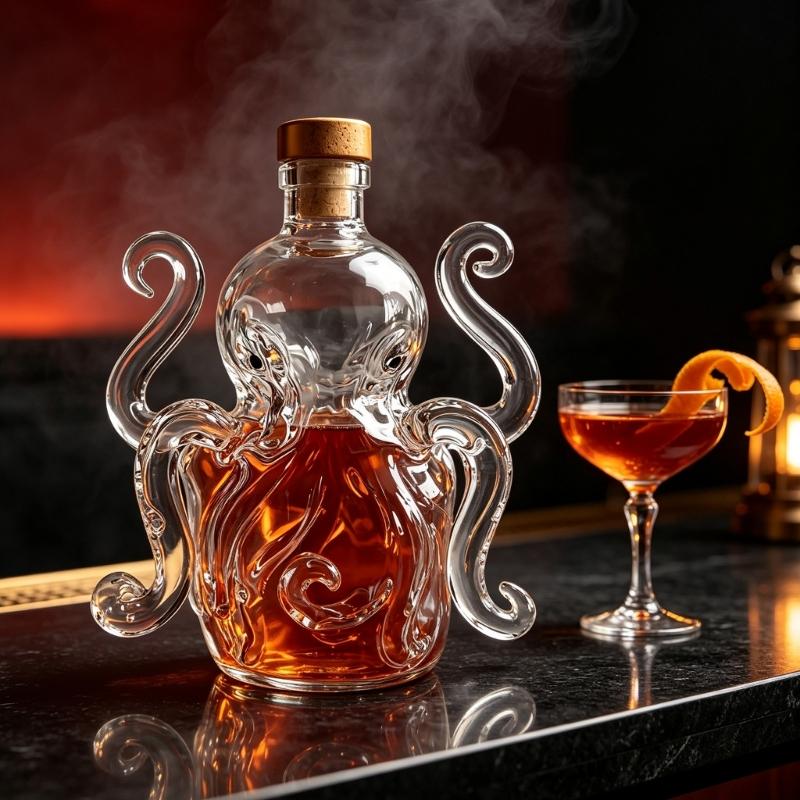 Cabinet Shelf Display Bottle in Clear Glass, 8-Footed Fish Whisky Vessel with Stopper for Vodka Bar Cart and Serving Corner