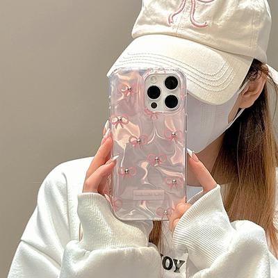 Růžová mašle se stříbrnou korálkou Vlnky na vodě Pouzdro na telefon pro iPhone 15 14 13 12 11 Pro Max Kreativní roztomilé dívčí pouzdro na telefon