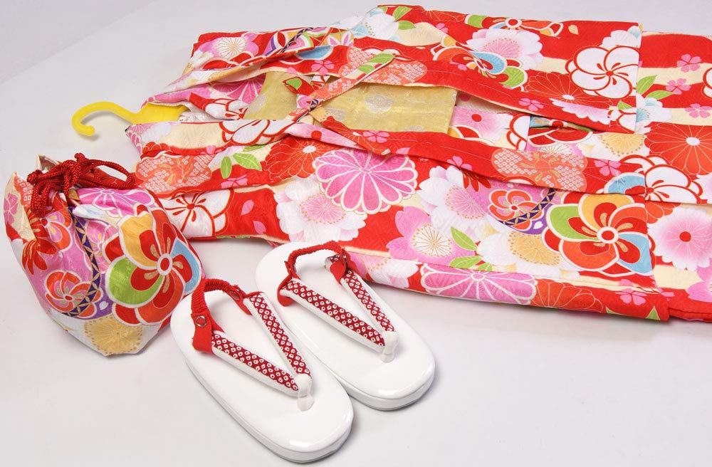 Kimono Haori Ensemble Red Haori Kimono for 3 To 4 Years Old and 5 To 6 Years Old Washable Polyester Full Set of and Drawstring Purse 3 To 4 Years