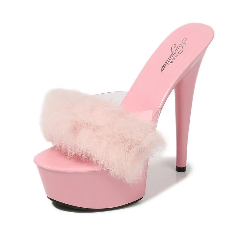 Moda Nuevas zapatillas pelo de conejo tacón fino sexy negro plataforma impermeable odio tacones super altos cielo alto sandalias de verano para mujer
