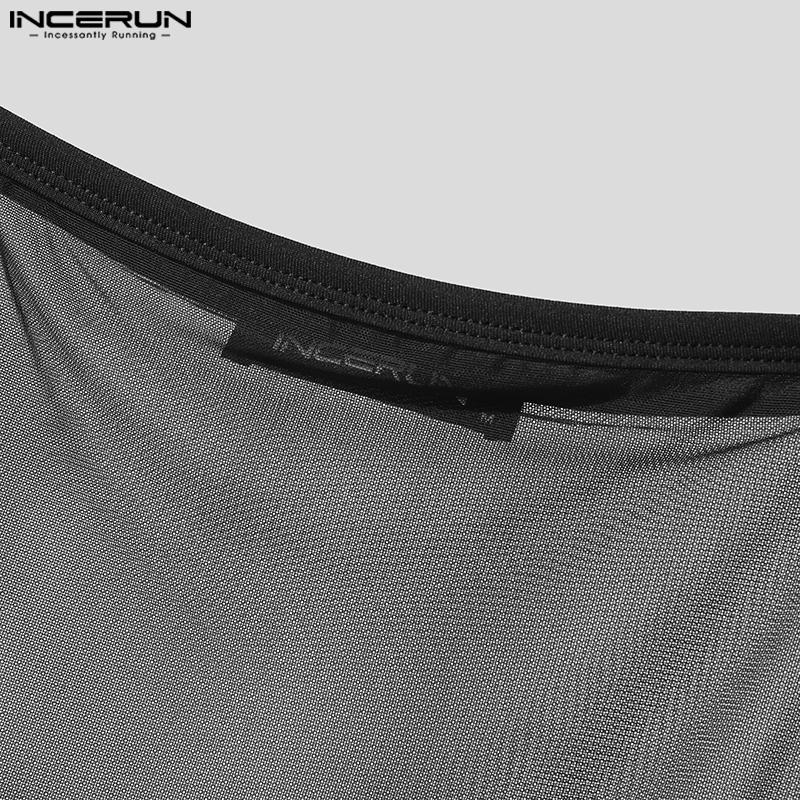INCERUN Men Strap Sleeveless Mesh Sheer Patchwork Bandage Slim Cropped Tank Tops