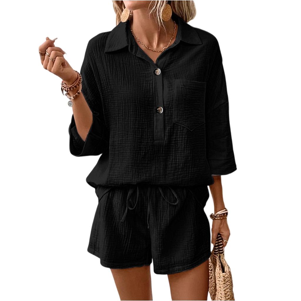 Women's  Color Casual Shirt Collar Casual Two-piece Set